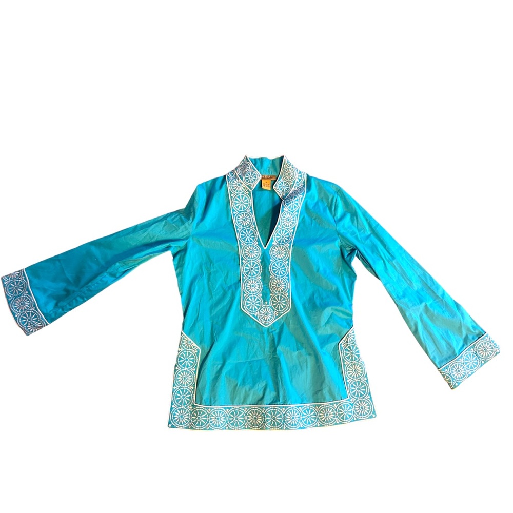 PECK & PECK TOP BOHO BLUE Small Beach Southern Preppy Classic Traditional Teal
